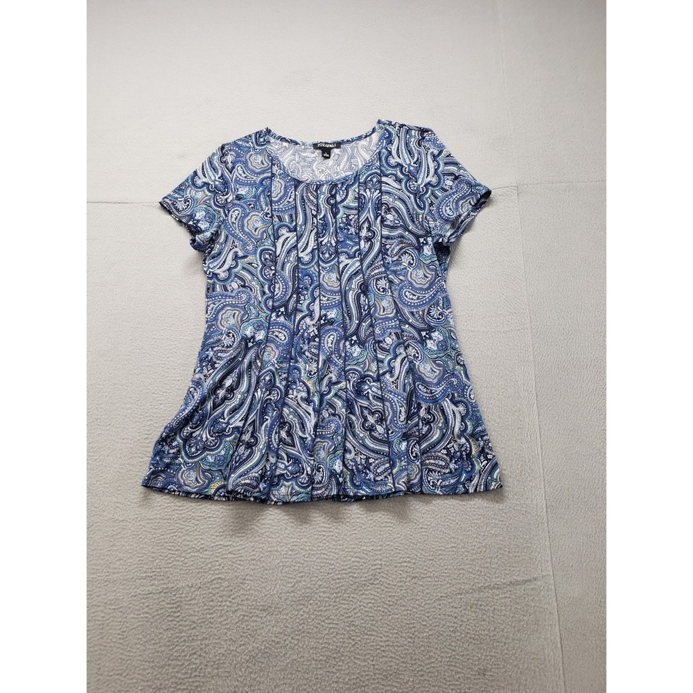 Roz & Ali Women Tunic Top L‎ Blue Floral Short Sleeve Round Neck Stretch Summer